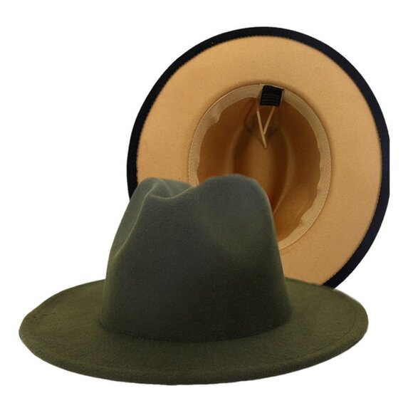 DOUBLE SIDED COLOR FEDORA JAZZ HAT OLIVE GREEN AND CAMEL - Picture 1 of 2
